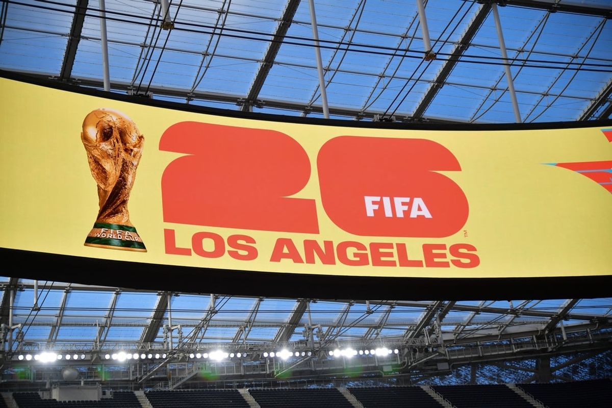 Mar 13, 2025; Inglewood, California, USA; LA World Cup 2026 branding pictured during the unveiling of the new test soccer pitch in anticipation of Nations League play and 2026 World Cup at SoFi Stadium. Mandatory Credit: Gary A. Vasquez-Imagn Images