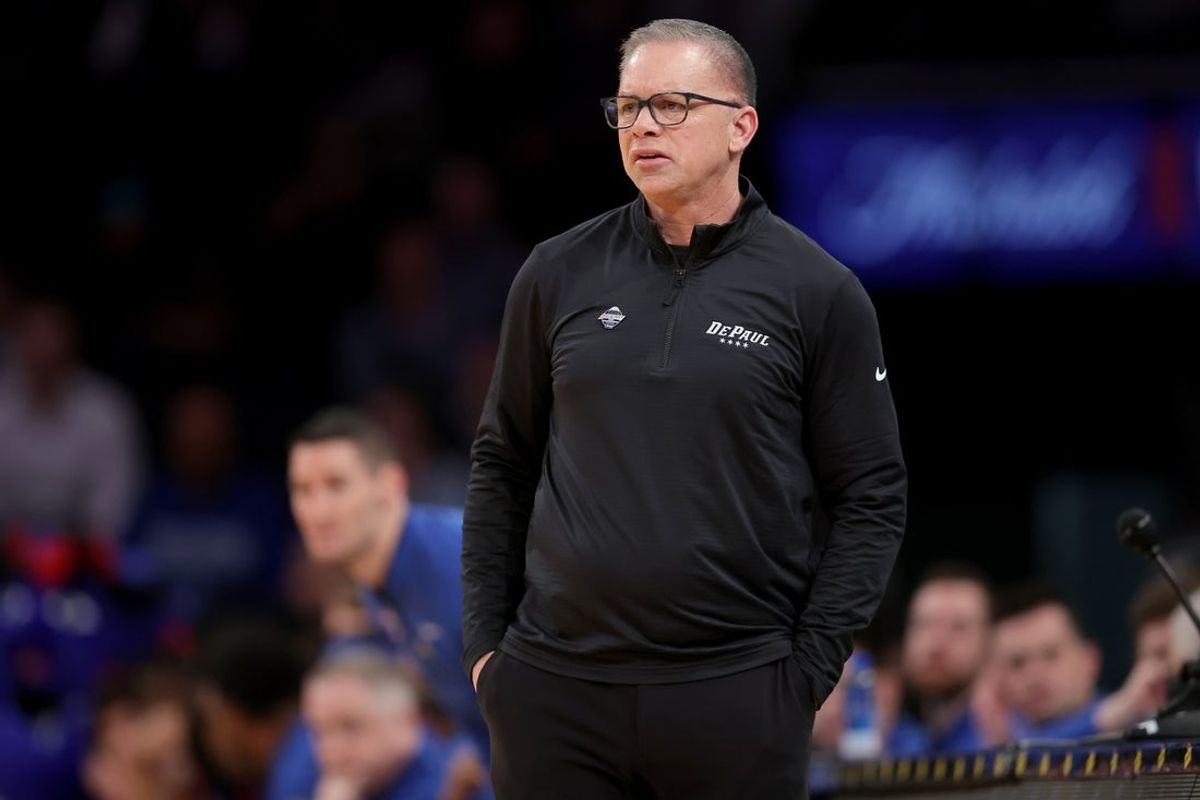 Mar 13, 2025; New York, NY, USA; DePaul Blue Demons head coach Chris Holtmann coaches against the Creighton Bluejays during the first half at Madison Square Garden. Mandatory Credit: Brad Penner-Imagn Images