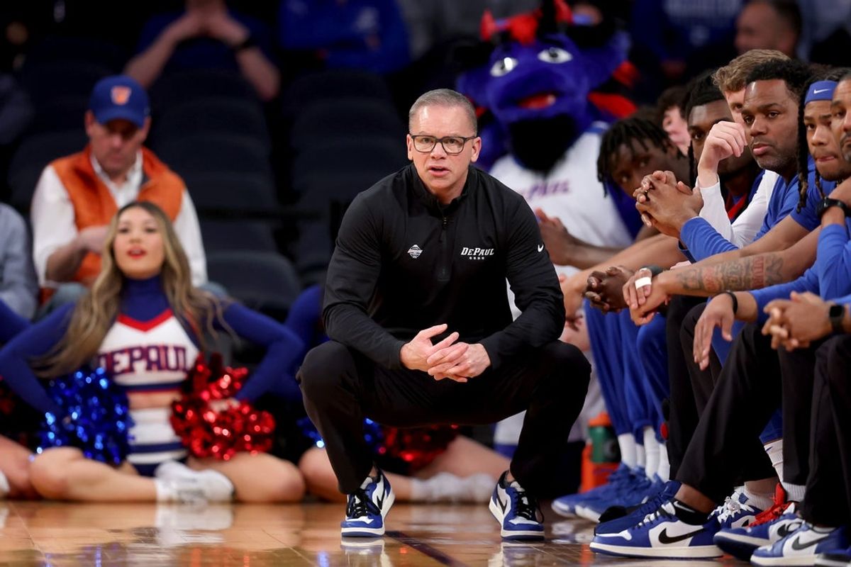 Mar 13, 2025; New York, NY, USA; DePaul Blue Demons head coach Chris Holtmann coaches against the Creighton Bluejays during the first half at Madison Square Garden. Mandatory Credit: Brad Penner-Imagn Images