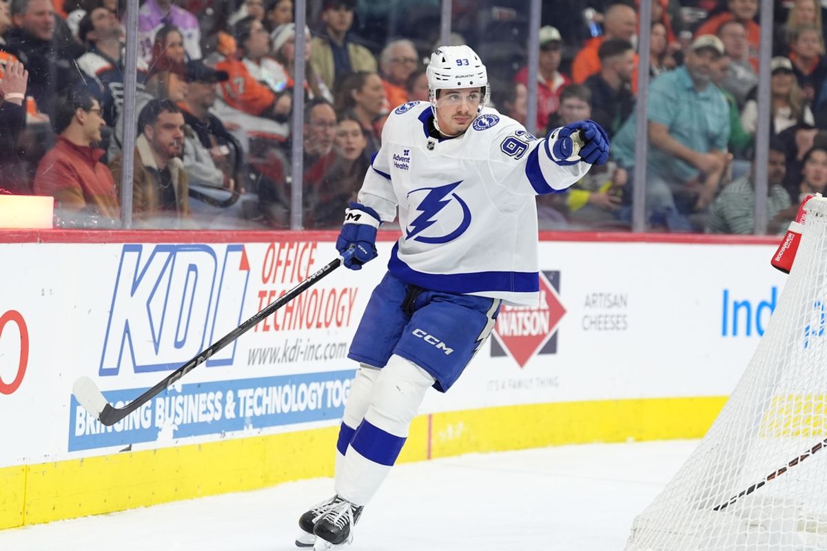 Mar 13, 2025; Philadelphia, Pennsylvania, USA; Tampa Bay Lightning center Gage Goncalves (93) reacts after scoring a goal against the Philadelphia Flyers in the first period at Wells Fargo Center. Mandatory Credit: Kyle Ross-Imagn Images