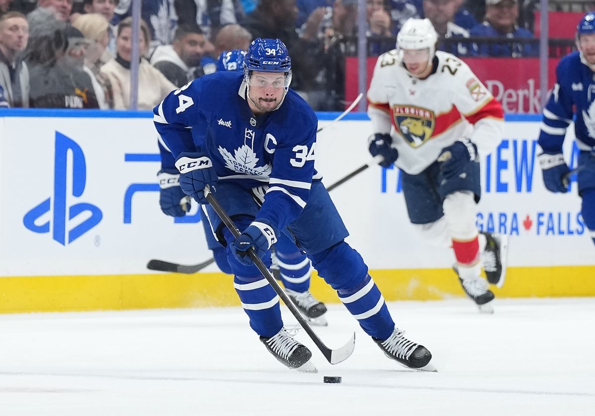 Mar 13, 2025; Toronto, Ontario, CAN; Toronto Maple Leafs center Auston Matthews (34) skates with the puck against the Florida Panthers during the first period at Scotiabank Arena. Mandatory Credit: Nick Turchiaro-Imagn Images