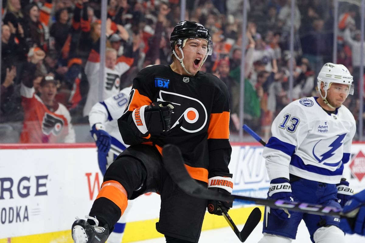 Mar 13, 2025; Philadelphia, Pennsylvania, USA; Philadelphia Flyers right wing Bobby Brink (10) reacts after scoring a goal against the Tampa Bay Lightning in the second period at Wells Fargo Center. Mandatory Credit: Kyle Ross-Imagn Images