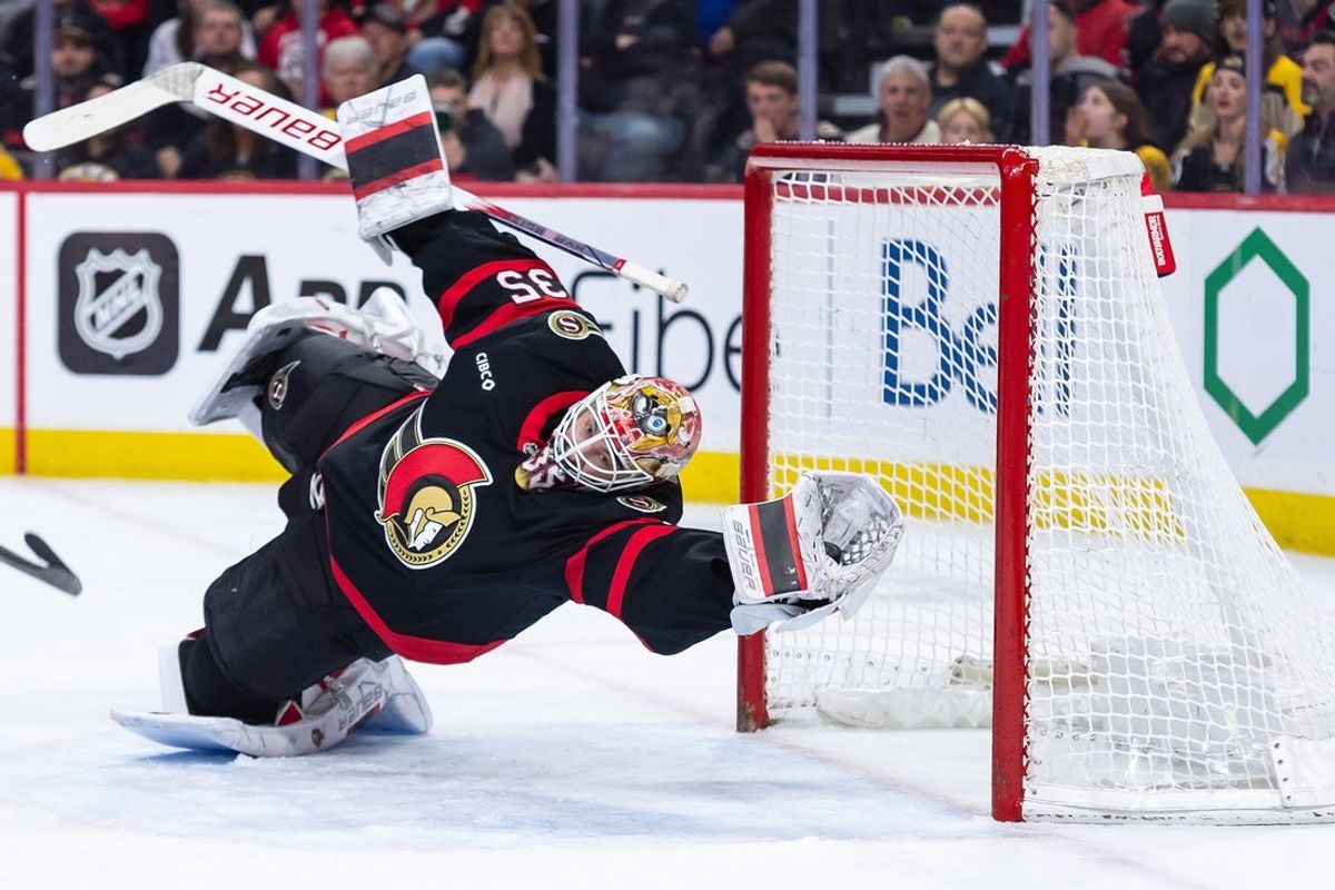 Mar 13, 2025; Ottawa, Ontario, CAN;  Ottawa Senators goalie Linus Ullmark (35) makes a save in the second period against the Boston Bruins at the Canadian Tire Centre. Mandatory Credit: Marc DesRosiers-Imagn Images