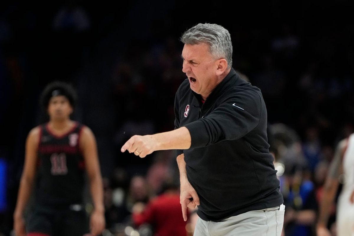 Mar 13, 2025; Charlotte, NC, USA; Stanford Cardinal head coach Kyle Smith reacts in the second half at Spectrum Center. Mandatory Credit: Bob Donnan-Imagn Images