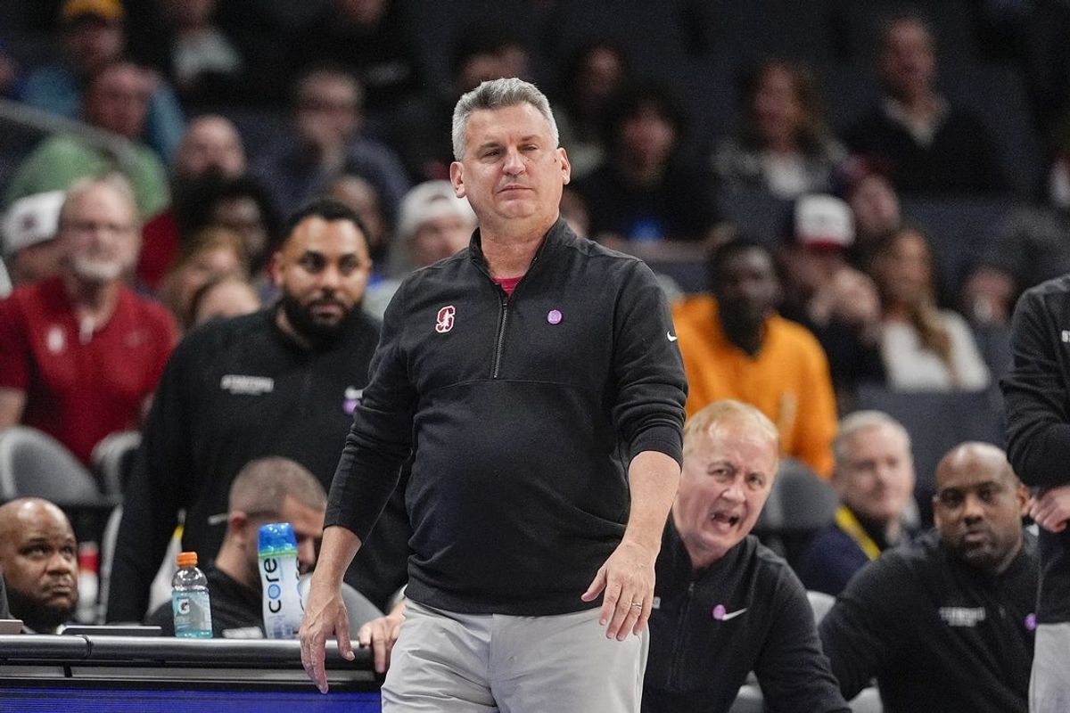 Mar 13, 2025; Charlotte, NC, USA; Stanford Cardinal head coach Kyle Smith during the second half against the Louisville Cardinals at Spectrum Center. Mandatory Credit: Jim Dedmon-Imagn Images