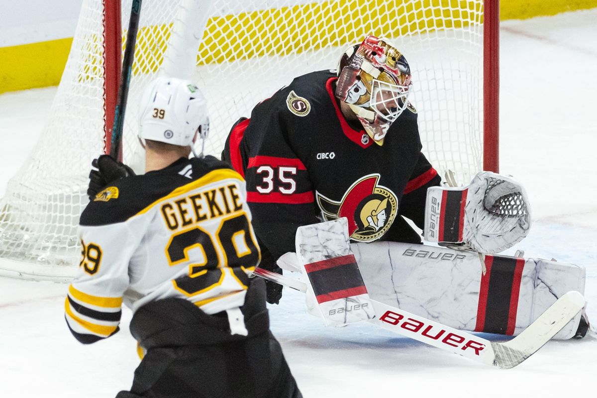 Mar 13, 2025; Ottawa, Ontario, CAN; Ottawa Senators goalie Linus Ullmark (35) makes a save on a shot from Boston Bruins center Morgan Geekie (39) in the third period at the Canadian Tire Centre. Mandatory Credit: Marc DesRosiers-Imagn Images