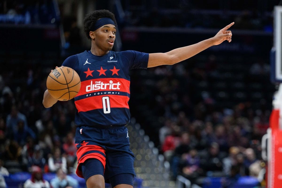 Mar 5, 2025; Washington, District of Columbia, USA; Washington Wizards guard Bilal Coulibaly (0) handles the ball during the second quarter against the Utah Jazz at Capital One Arena. Mandatory Credit: Reggie Hildred-Imagn Images
