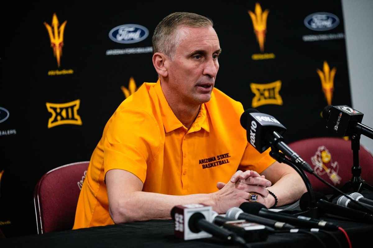 Mar 8, 2025; Tempe, Arizona, USA; Arizona State Sun Devils head coach Bobby Hurley during the press conference at Desert Financial Arena. Mandatory Credit: Arianna Grainey-Imagn Images
