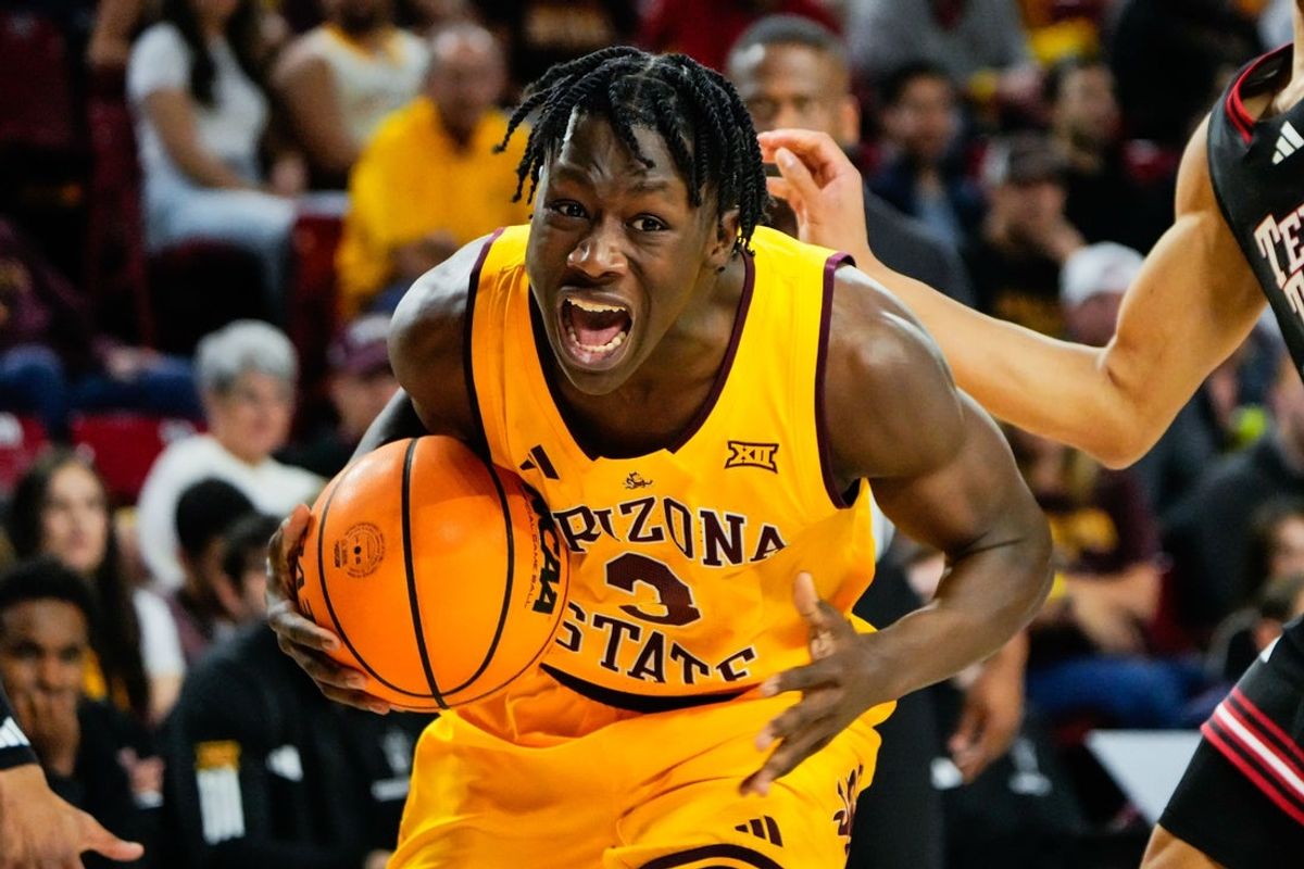 Mar 8, 2025; Tempe, Arizona, USA;  Arizona State Sun Devils guard Joson Sanon (3) reacts during the second half at Desert Financial Arena. Mandatory Credit: Arianna Grainey-Imagn Images