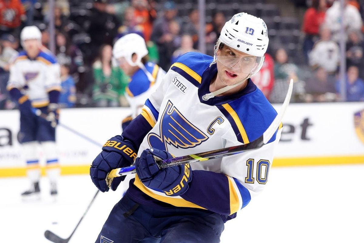 Mar 7, 2025; Anaheim, California, USA; St. Louis Blues center Brayden Schenn skates during warm ups before a game against the Anaheim Ducks at Honda Center. Mandatory Credit: Ryan Sun-Imagn Images