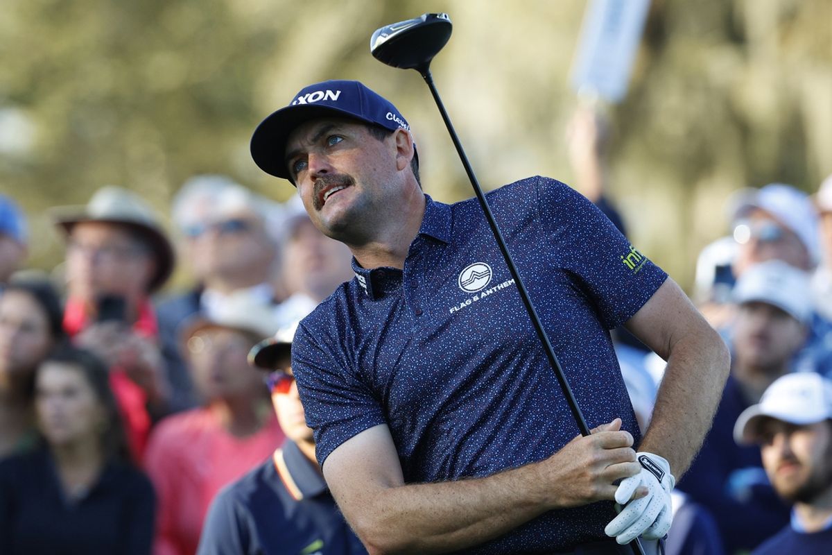 Mar 14, 2025; Ponte Vedra Beach, Florida, USA; Keegan Bradley hits off of the tenth tee during the second round of The Players Championship golf tournament at TPC Sawgrass. Mandatory Credit: Jeff Swinger-Imagn Images