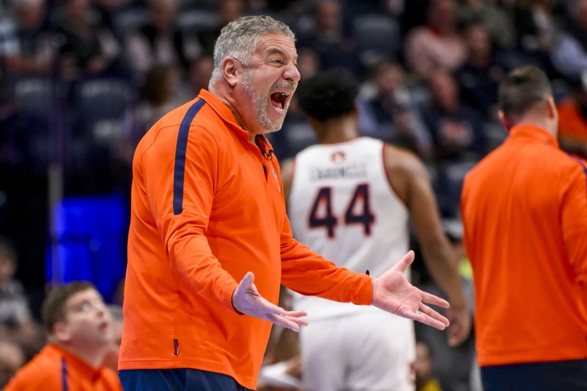 Mar 14, 2025; Nashville, TN, USA;  Auburn Tigers head coach Bruce Pearl yells to his team against the Mississippi Rebels during the first half at Bridgestone Arena. Mandatory Credit: Steve Roberts-Imagn Images