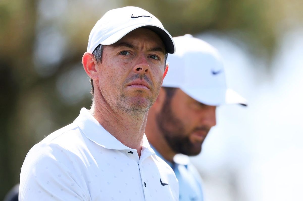 Rory McIlroy walks next to Scottie Scheffler on the ninth fairway during the second round of The Players Championship PGA golf tournment Friday, March 14, 2025 at TPC Sawgrass in Ponte Vedra Beach, Fla. [Corey Perrine/Florida Times-Union]