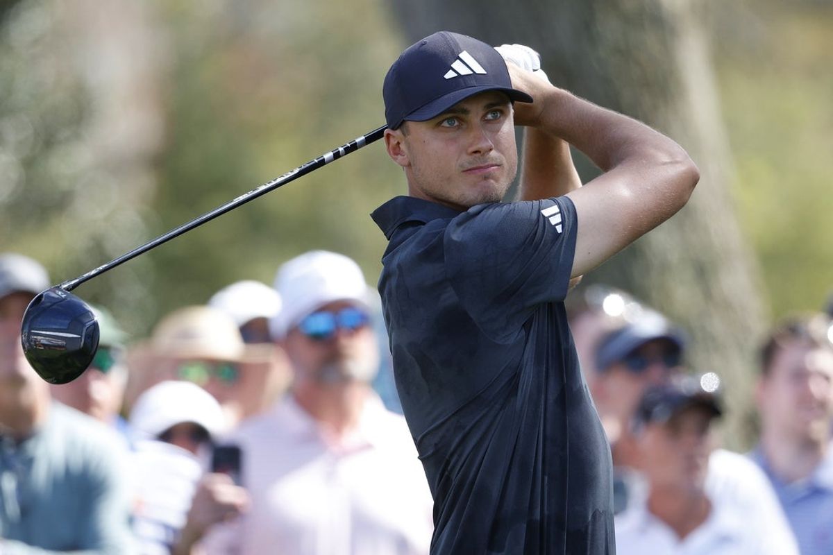 Mar 14, 2025; Ponte Vedra Beach, Florida, USA; Ludvig Aberg hits off of the ninth tee during the second round of The Players Championship golf tournament at TPC Sawgrass. Mandatory Credit: Jeff Swinger-Imagn Images