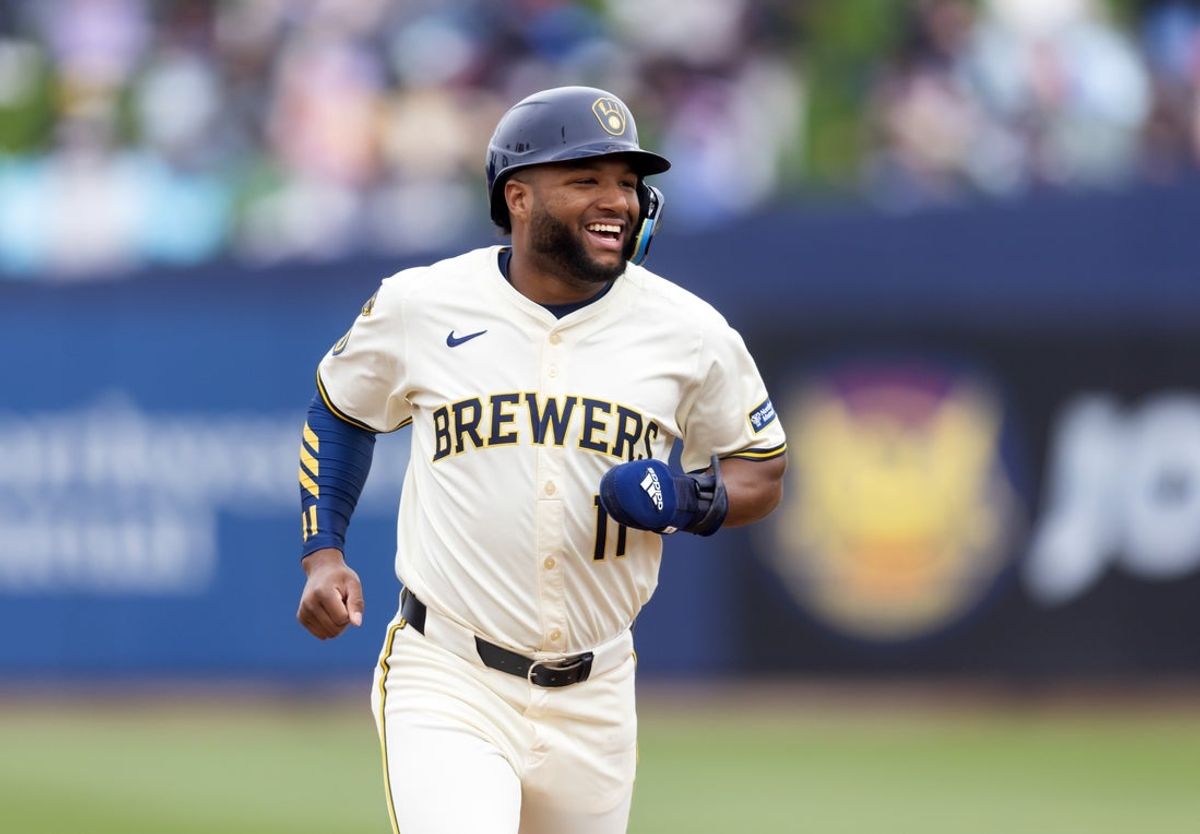Mar 14, 2025; Phoenix, Arizona, USA; Milwaukee Brewers outfielder Jackson Chourio against the San Francisco Giants during a spring training game at American Family Fields of Phoenix. Mandatory Credit: Mark J. Rebilas-Imagn Images