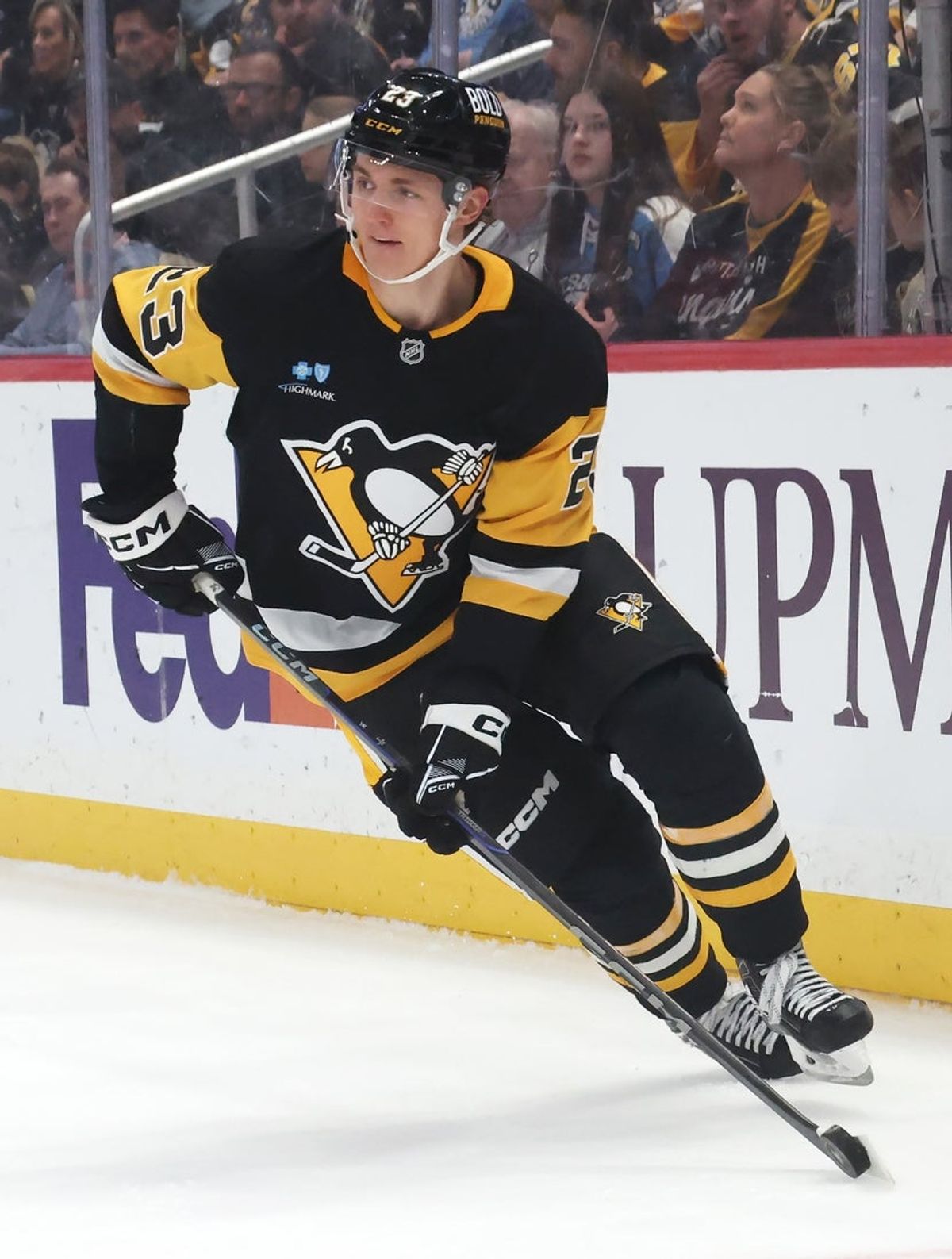 Mar 13, 2025; Pittsburgh, Pennsylvania, USA;  Pittsburgh Penguins defenseman Vladislav Kolyachonok (23) skates with the puck against the St. Louis Blues during the second period at PPG Paints Arena. Mandatory Credit: Charles LeClaire-Imagn Images