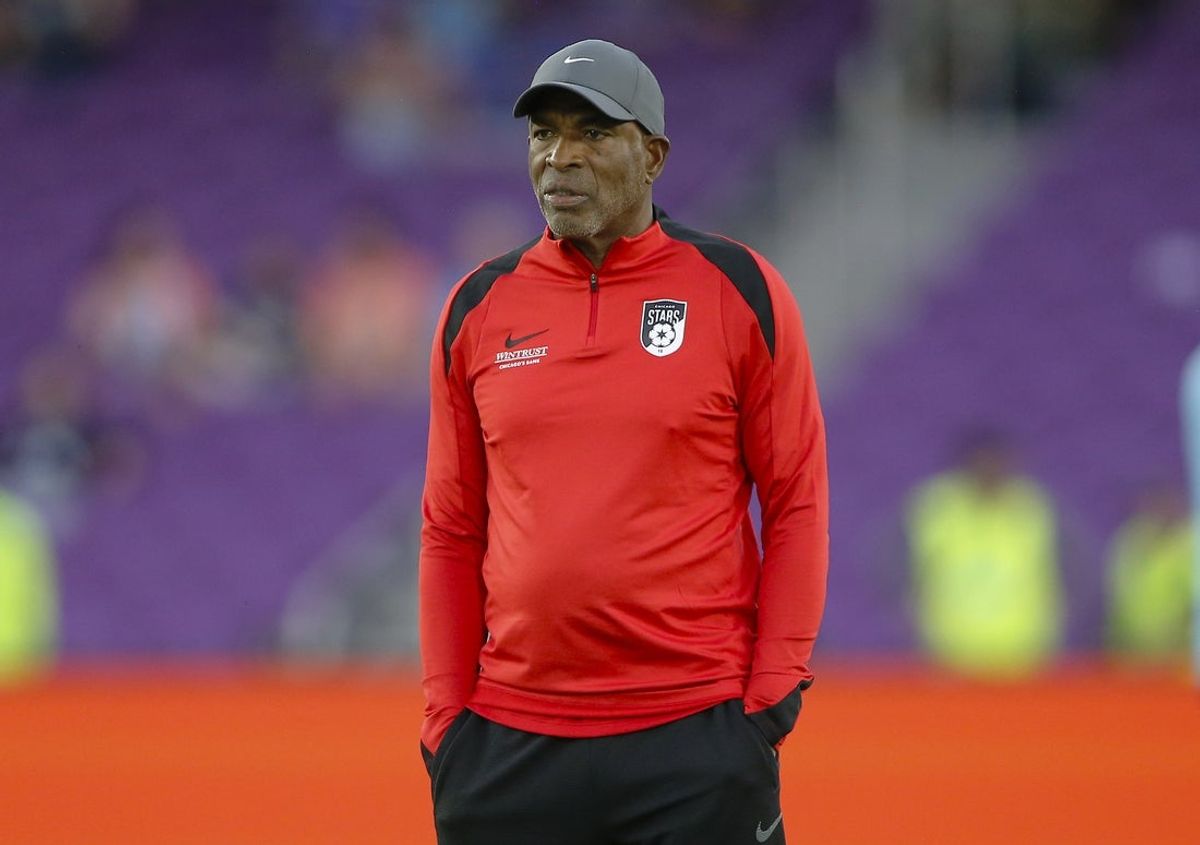 Mar 14, 2025; Orlando, Florida, USA;  Chicago Stars FC head coach Lorne Donaldson watches his team warm up prior to a game against the Orlando Pride at Inter&Co Stadium. Mandatory Credit: Russell Lansford-Imagn Images