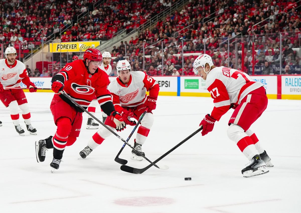 Mar 14, 2025; Raleigh, North Carolina, USA;  Carolina Hurricanes left wing Eric Robinson (50) skates with the puck against Detroit Red Wings right wing Dominik Shine (50) and defenseman Simon Edvinsson (77) during the first period at Lenovo Center. Mandatory Credit: James Guillory-Imagn Images