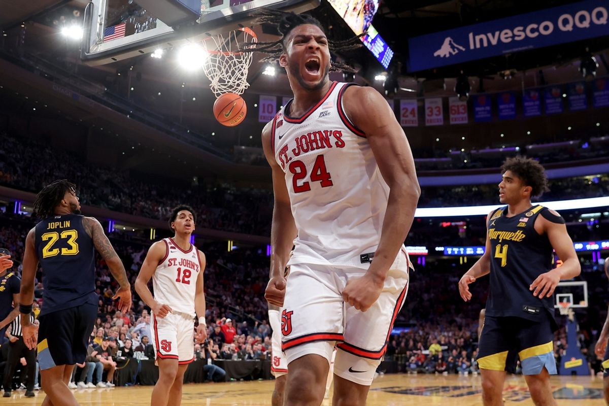 Mar 14, 2025; New York, NY, USA; St. John's Red Storm forward Zuby Ejiofor (24) reacts after a basket and a foul during the second half against the Marquette Golden Eagles at Madison Square Garden. Mandatory Credit: Brad Penner-Imagn Images