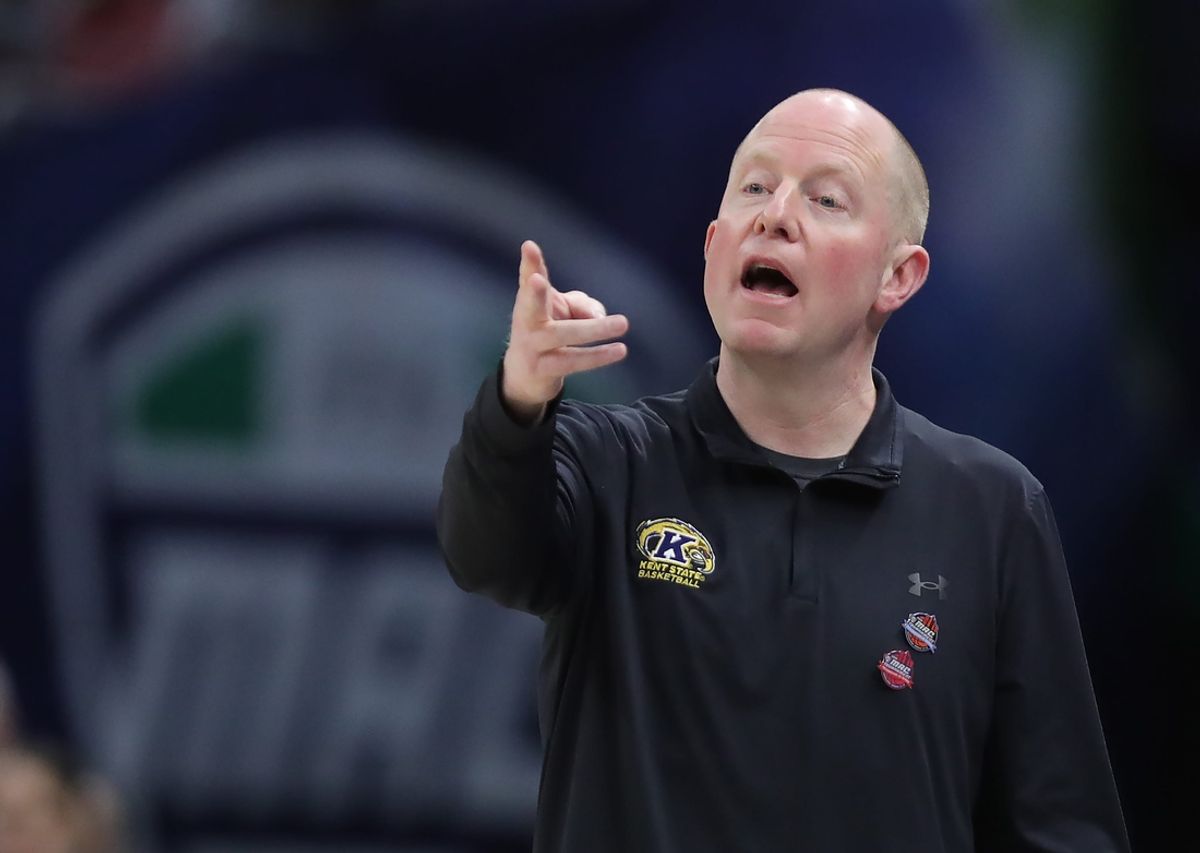 Kent State Golden Flashes head coach Rob Senderoff works the sideline during the first half of an NCAA college basketball game in the semifinals of the Mid-American Conference Tournament at Rocket Arena on Friday, March 14, 2025, in Cleveland, Ohio.