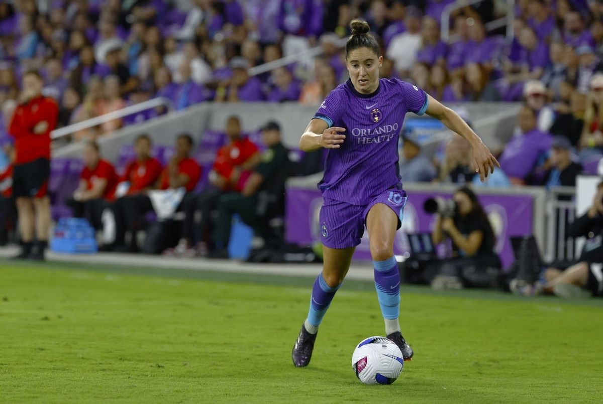 Mar 14, 2025; Orlando, Florida, USA;  Orlando Pride midfielder Morgan Gautrat (16) pushes the ball up the field in the first half against the Chicago Stars FC at Inter&Co Stadium. Mandatory Credit: Russell Lansford-Imagn Images