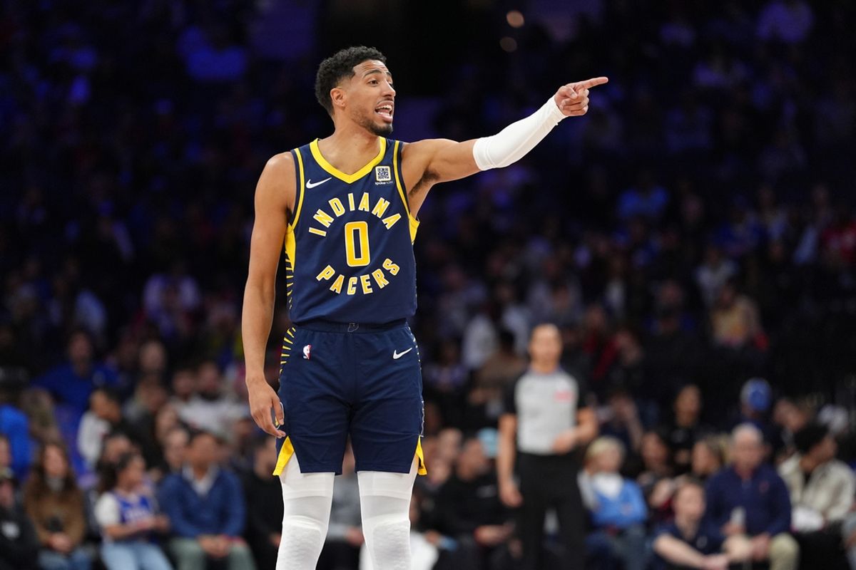 Indiana Pacers guard Tyrese Haliburton (0) reacts against the Philadelphia 76ers in the third quarter at Wells Fargo Center.