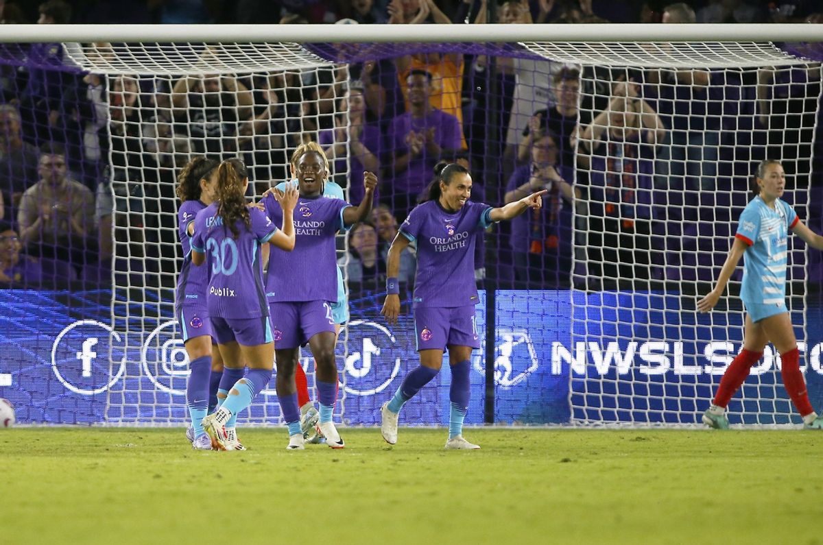 Mar 14, 2025; Orlando, Florida, USA; Orlando Pride forward Barbra Banda (22) celebrates a second half goal against the Chicago Stars FC at Inter&Co Stadium. Mandatory Credit: Russell Lansford-Imagn Images