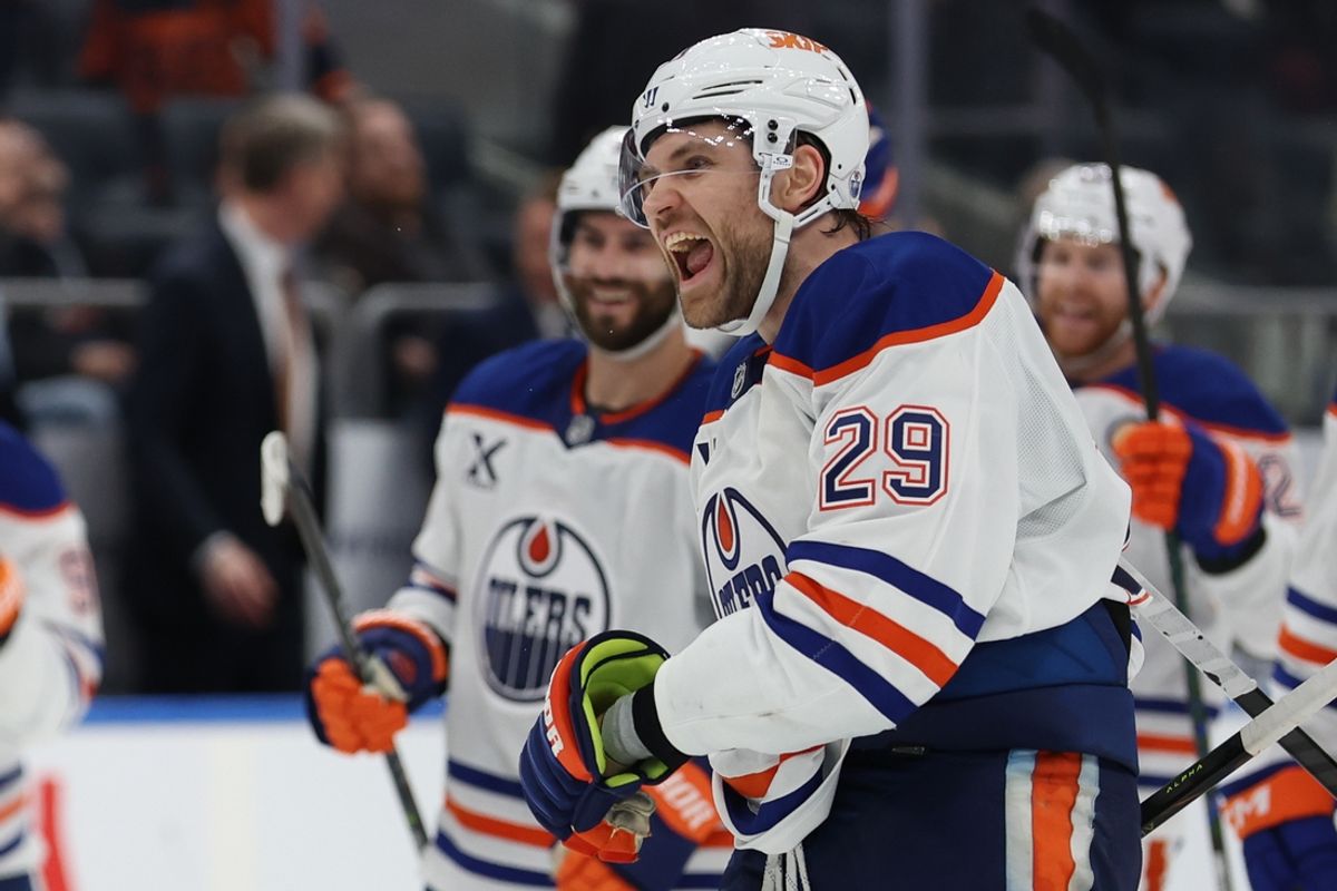 Mar 14, 2025; Elmont, New York, USA; Edmonton Oilers center Leon Draisaitl (29) celebrates the game winning goal after overtime against the New York Islanders at UBS Arena. Mandatory Credit: Thomas Salus-Imagn Images