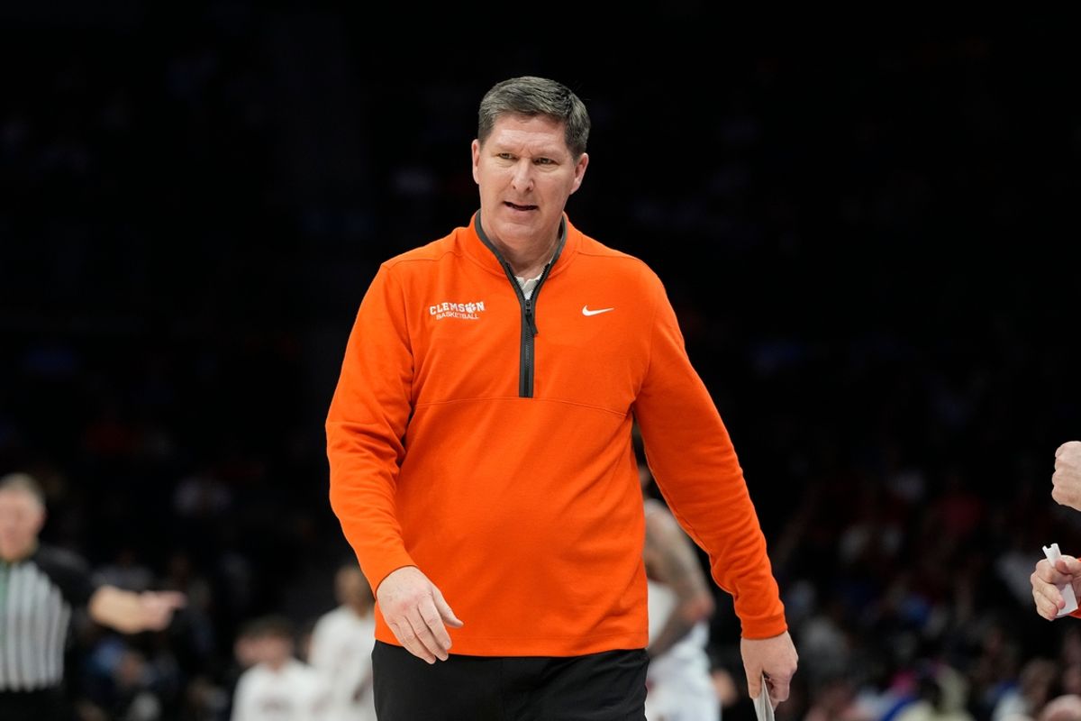 Mar 14, 2025; Charlotte, NC, USA; Clemson Tigers head coach Brad Brownell reacts in the first half at Spectrum Center. Mandatory Credit: Bob Donnan-Imagn Images