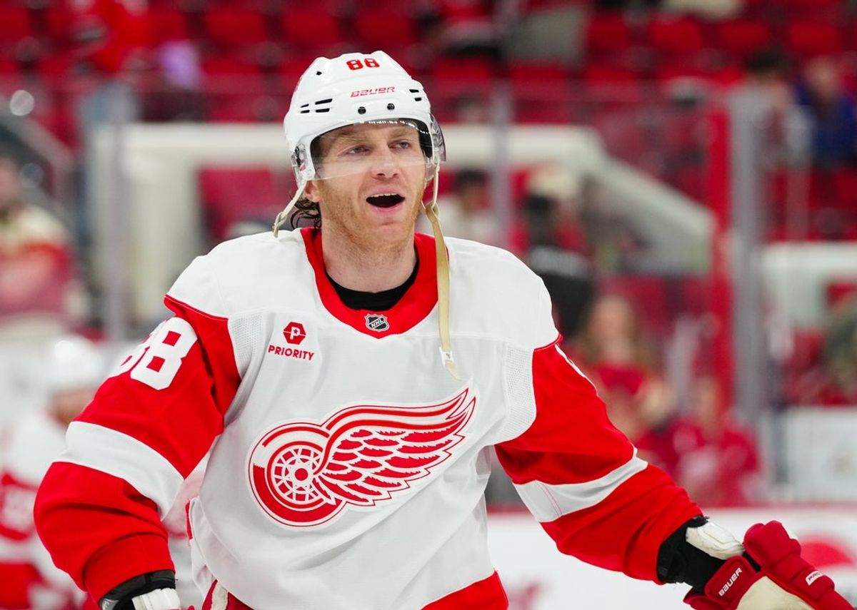 Mar 14, 2025; Raleigh, North Carolina, USA;  Detroit Red Wings right wing Patrick Kane (88) reacts during the warmups before the game against the Carolina Hurricanes at Lenovo Center. Mandatory Credit: James Guillory-Imagn Images