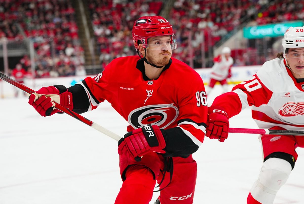 Carolina Hurricanes center Jack Roslovic (96) watches the play against the Detroit Red Wings during the first period at Lenovo Center.