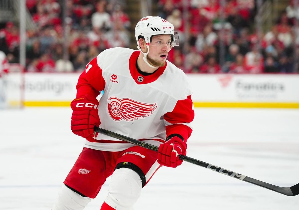 Mar 14, 2025; Raleigh, North Carolina, USA;  Detroit Red Wings right wing Vladimir Tarasenko (11) skates against the Carolina Hurricanes during the second period at Lenovo Center. Mandatory Credit: James Guillory-Imagn Images