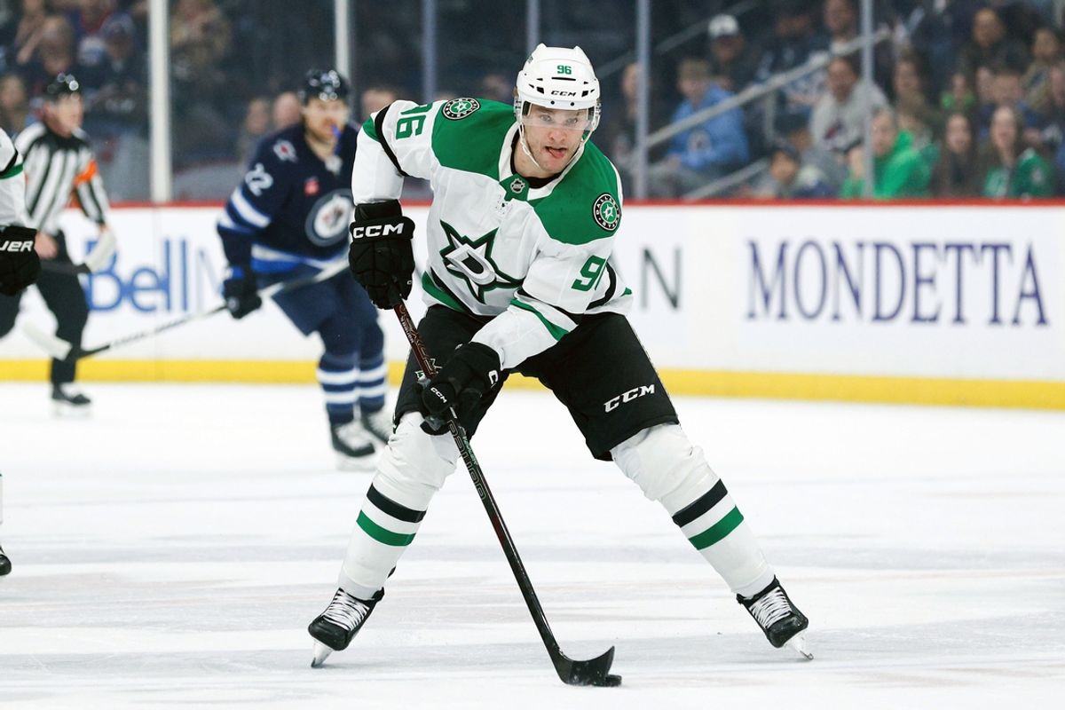 Mar 14, 2025; Winnipeg, Manitoba, CAN;  Dallas Stars forward Mikko Rantanen (96) skates into the Winnipeg Jets zone during the first period at Canada Life Centre. Mandatory Credit: Terrence Lee-Imagn Images