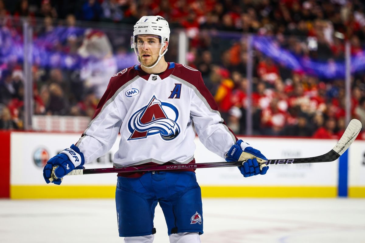 Mar 14, 2025; Calgary, Alberta, CAN; Colorado Avalanche defenseman Devon Toews (7) against the Calgary Flames during the third period at Scotiabank Saddledome. Mandatory Credit: Sergei Belski-Imagn Images
