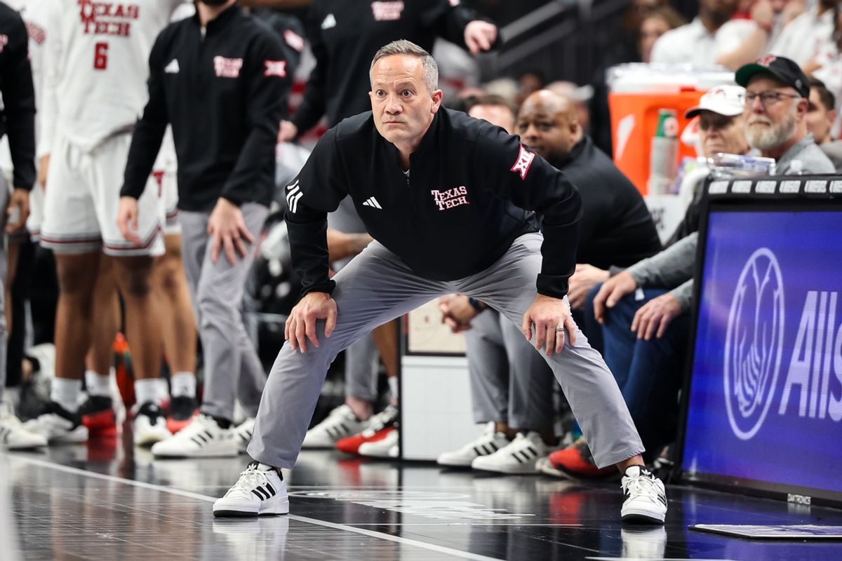Mar 14, 2025; Kansas City, MO, USA; Texas Tech Red Raiders coach Grant McCasland watches game play during the second half against the Arizona Wildcats at T-Mobile Center. Mandatory Credit: William Purnell-Imagn Images