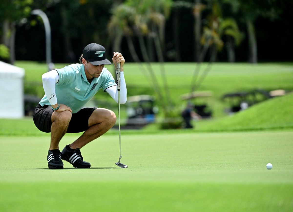 March 15, 2025; Singapore, SINGAPORE; Joaquin Niemann in action during the first round of LIV Golf Singapore at Sentosa Golf Club. Mandatory Credit: Andy Chua/Reuters via Imagn Images