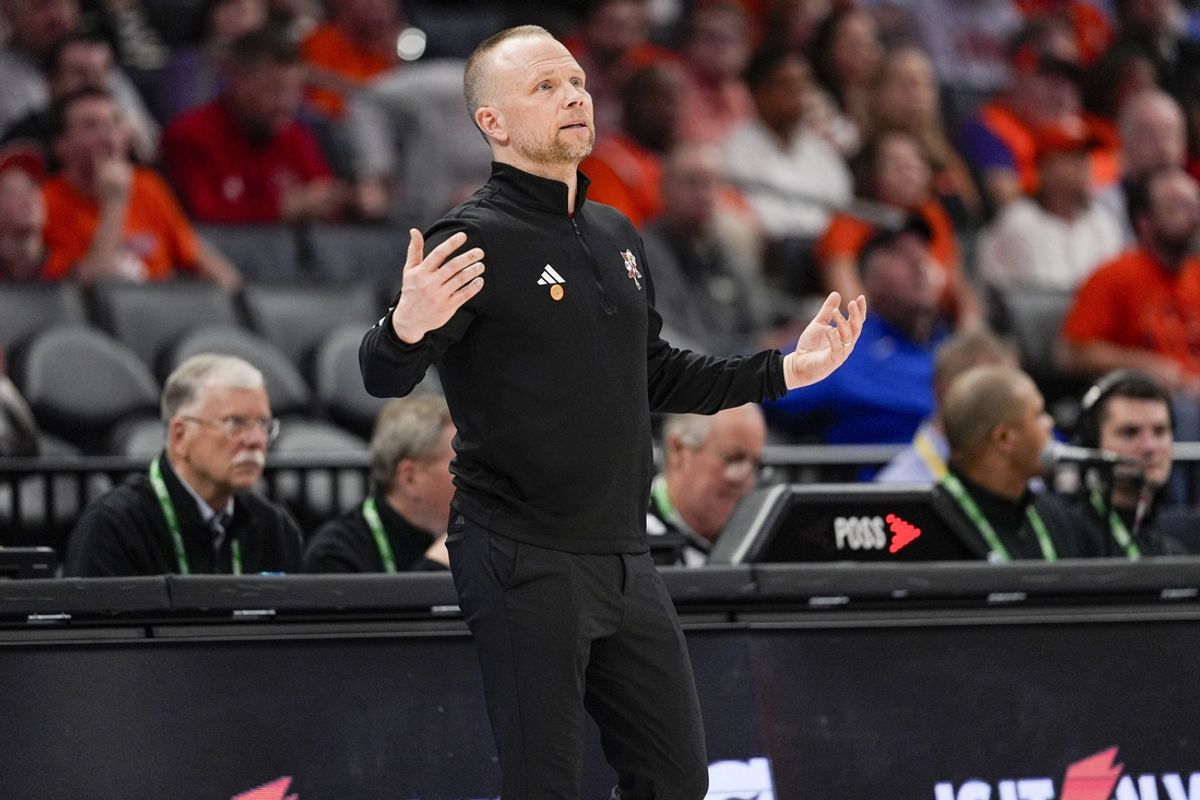 Mar 14, 2025; Charlotte, NC, USA; Louisville Cardinals head coach Pat Kelsey during the second half against the Clemson Tigers at Spectrum Center. Mandatory Credit: Jim Dedmon-Imagn Images