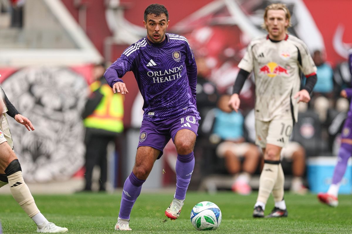 Mar 15, 2025; Harrison, New Jersey, USA; Orlando City midfielder Martin Ojeda (10) controls the ball against the New York Red Bulls during the first half at Sports Illustrated Stadium. Mandatory Credit: Vincent Carchietta-Imagn Images