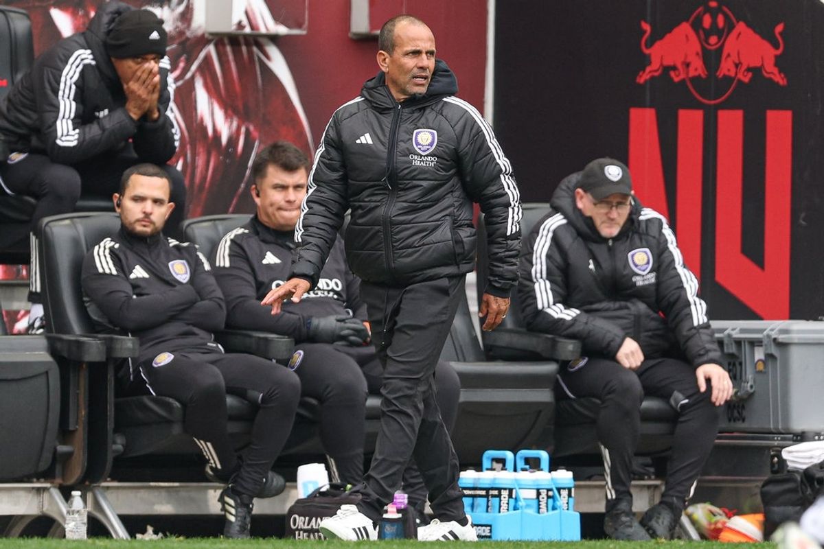 Mar 15, 2025; Harrison, New Jersey, USA; Orlando City head coach Oscar Pareja looks on during the first half against the New York Red Bulls at Sports Illustrated Stadium. Mandatory Credit: Vincent Carchietta-Imagn Images