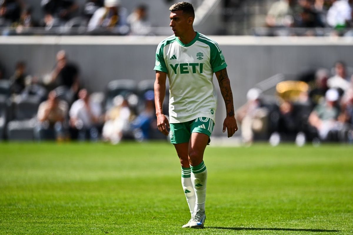 Mar 15, 2025; Los Angeles, California, USA; Austin FC forward Myrto Uzuni (10) walks on the field during the first half against Los Angeles FC at BMO Stadium. Mandatory Credit: Kelvin Kuo-Imagn Images