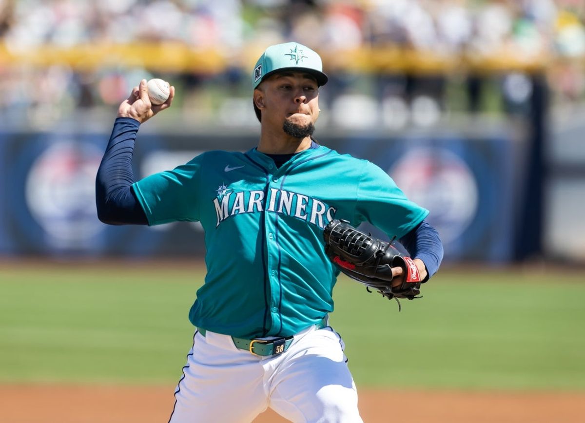 Mar 15, 2025; Peoria, Arizona, USA; Seattle Mariners pitcher Luis F. Castillo against the San Diego Padres during a spring training game at Peoria Sports Complex. Mandatory Credit: Mark J. Rebilas-Imagn Images