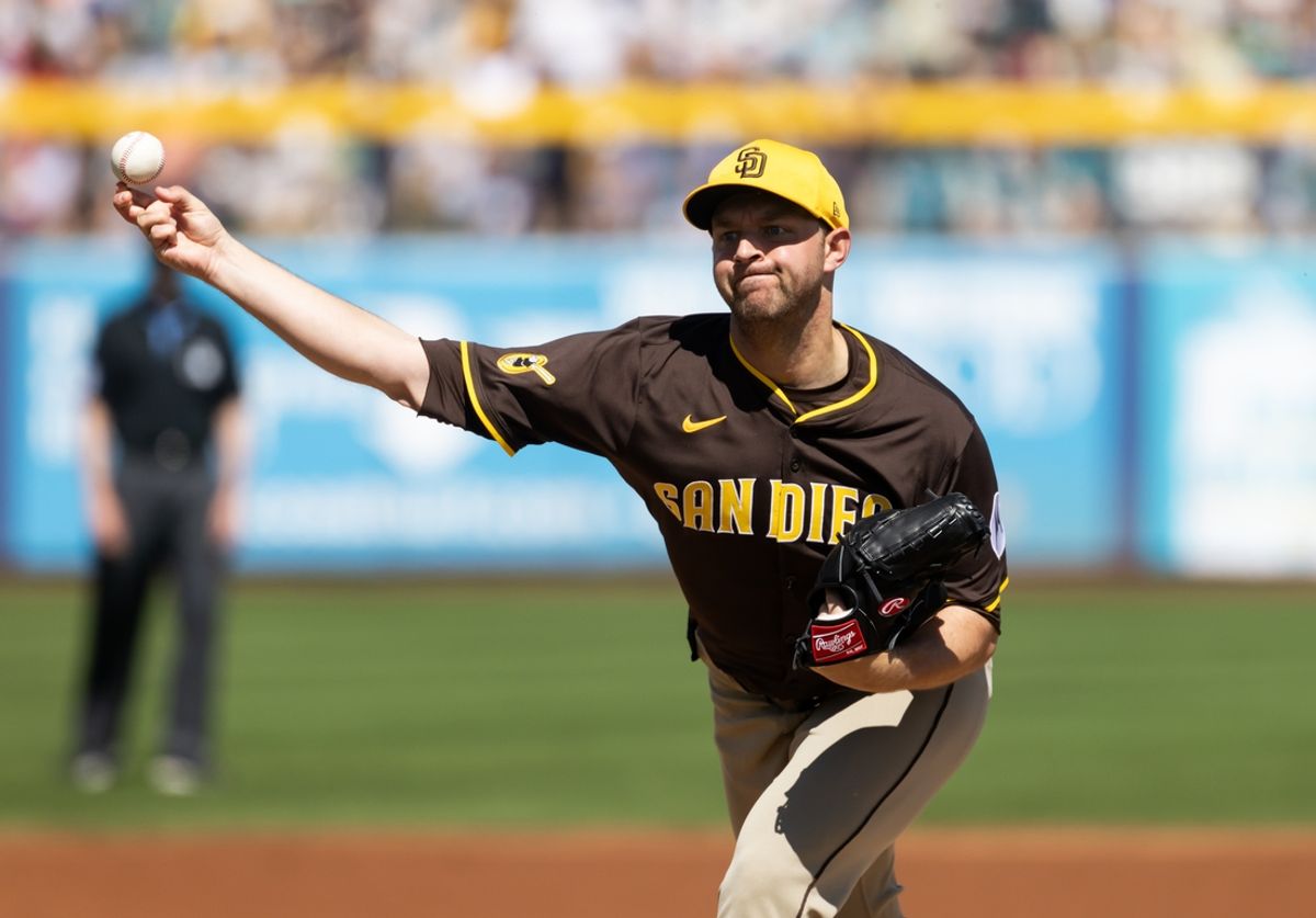 Mar 15, 2025; Peoria, Arizona, USA; San Diego Padres pitcher Michael King against the Seattle Mariners during a spring training game at Peoria Sports Complex. Mandatory Credit: Mark J. Rebilas-Imagn Images