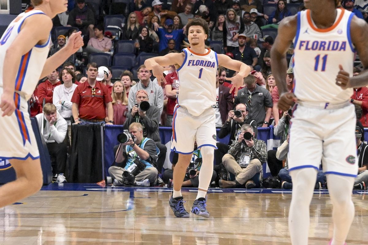 Mar 15, 2025; Nashville, TN, USA;  Florida Gators guard Walter Clayton Jr. (1) reacts after a made three point basket  against the Alabama Crimson Tide during the second half at Bridgestone Arena. Mandatory Credit: Steve Roberts-Imagn Images