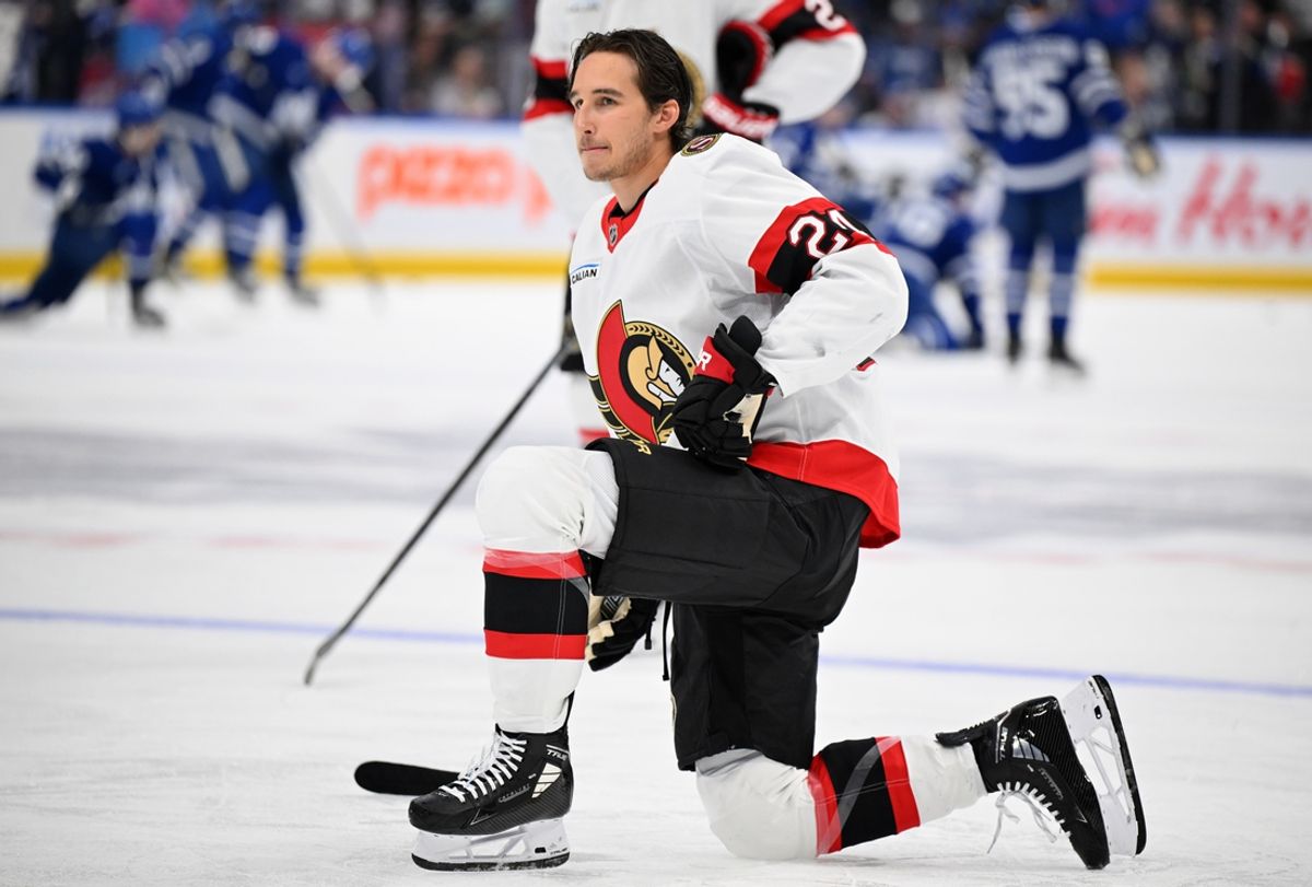 Mar 15, 2025; Toronto, Ontario, CAN;  Ottawa Senators forward Dylan Cozens (24) warms up before playing the Toronto Maple Leafs at Scotiabank Arena. Mandatory Credit: Dan Hamilton-Imagn Images