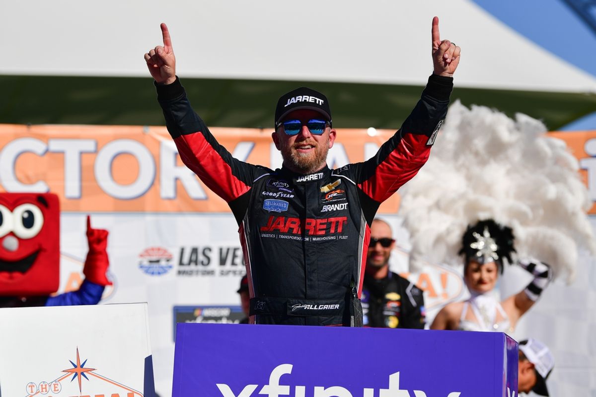 Mar 15, 2025; Las Vegas, Nevada, USA; NASCAR Xfinity Series driver Justin Allgaier (7) celebrates his victory of The LiUNA! race at Las Vegas Motor Speedway. Mandatory Credit: Gary A. Vasquez-Imagn Images