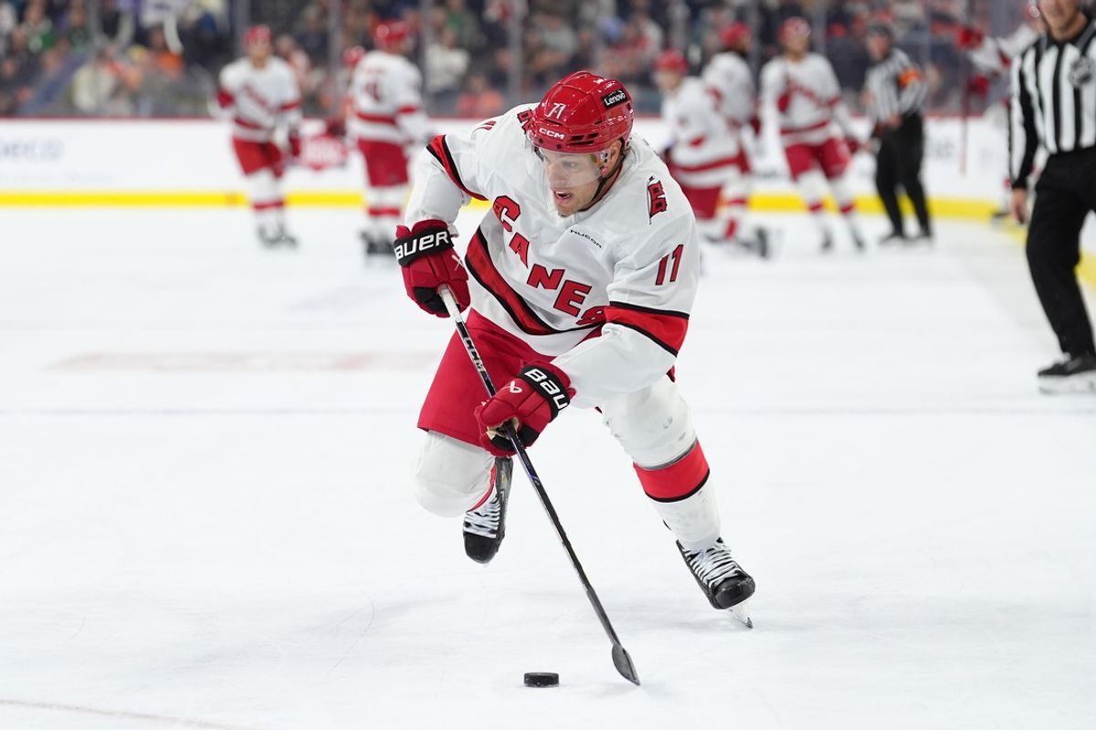 Mar 15, 2025; Philadelphia, Pennsylvania, USA; Carolina Hurricanes left wing Taylor Hall (71) controls the puck against the Philadelphia Flyers in the first period at Wells Fargo Center. Mandatory Credit: Kyle Ross-Imagn Images