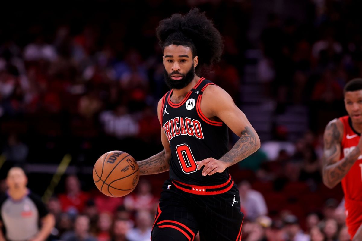 Mar 15, 2025; Houston, Texas, USA;Chicago Bulls guard Coby White (0) handles the ball against the Houston Rockets during the first quarter at Toyota Center. Mandatory Credit: Erik Williams-Imagn Images