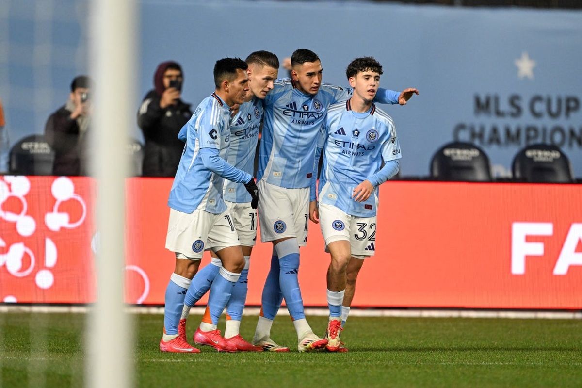 Mar 15, 2025; New York, New York, USA; New York City FC forward Julian Fernandez (11) celebrates his goal with New York City FC forward Alonso Martínez (16), New York City FC midfielder Hannes Wolf (17), and New York City FC midfielder Jonathan Shore (32) during the first half against New England Revolution at Yankee Stadium. Mandatory Credit: Mark Smith-Imagn Images