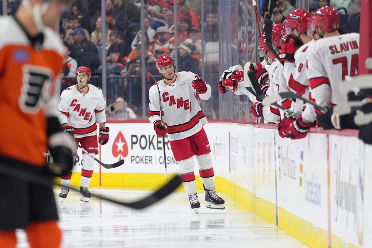 Mar 15, 2025; Philadelphia, Pennsylvania, USA; Carolina Hurricanes left wing Taylor Hall (71) celebrates with teammates after scoring a goal against the Philadelphia Flyers in the second period at Wells Fargo Center. Mandatory Credit: Kyle Ross-Imagn Images