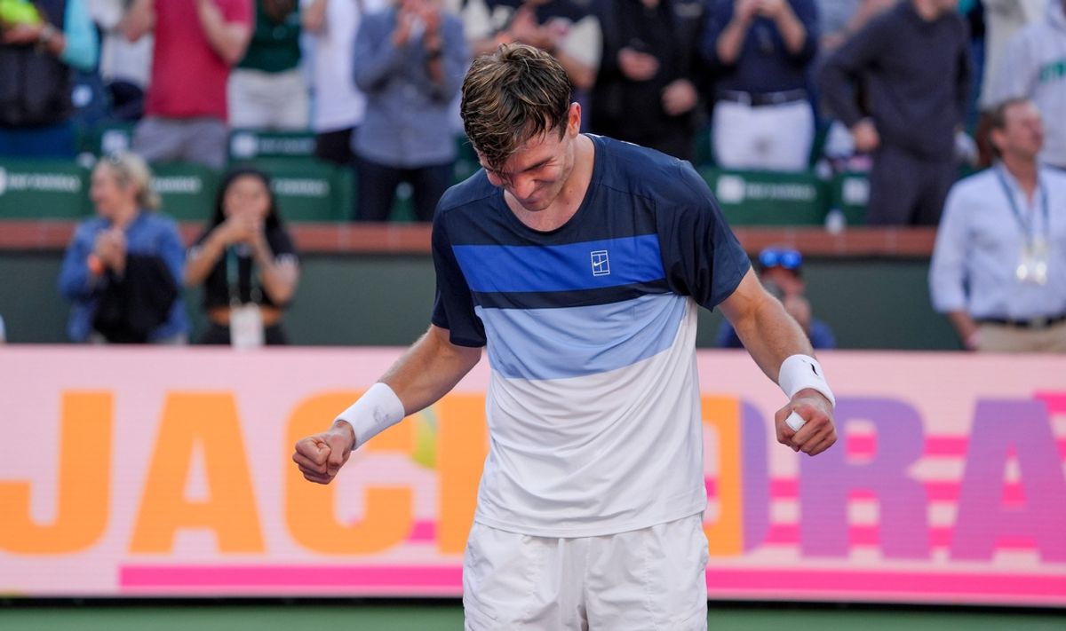 Jack Draper celebrates his semifinal win over Carlos Alcaraz at the BNP Paribas Open in Indian Wells, Calif., March 15, 2025.